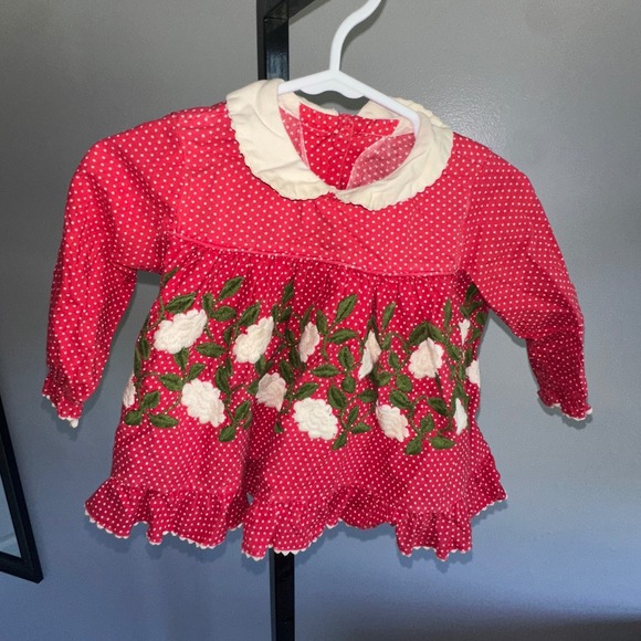 American Vintage Other - Vintage‎ Red Polka Dot Dress Embroidered Floral Ruffle Hem Girls Toddler